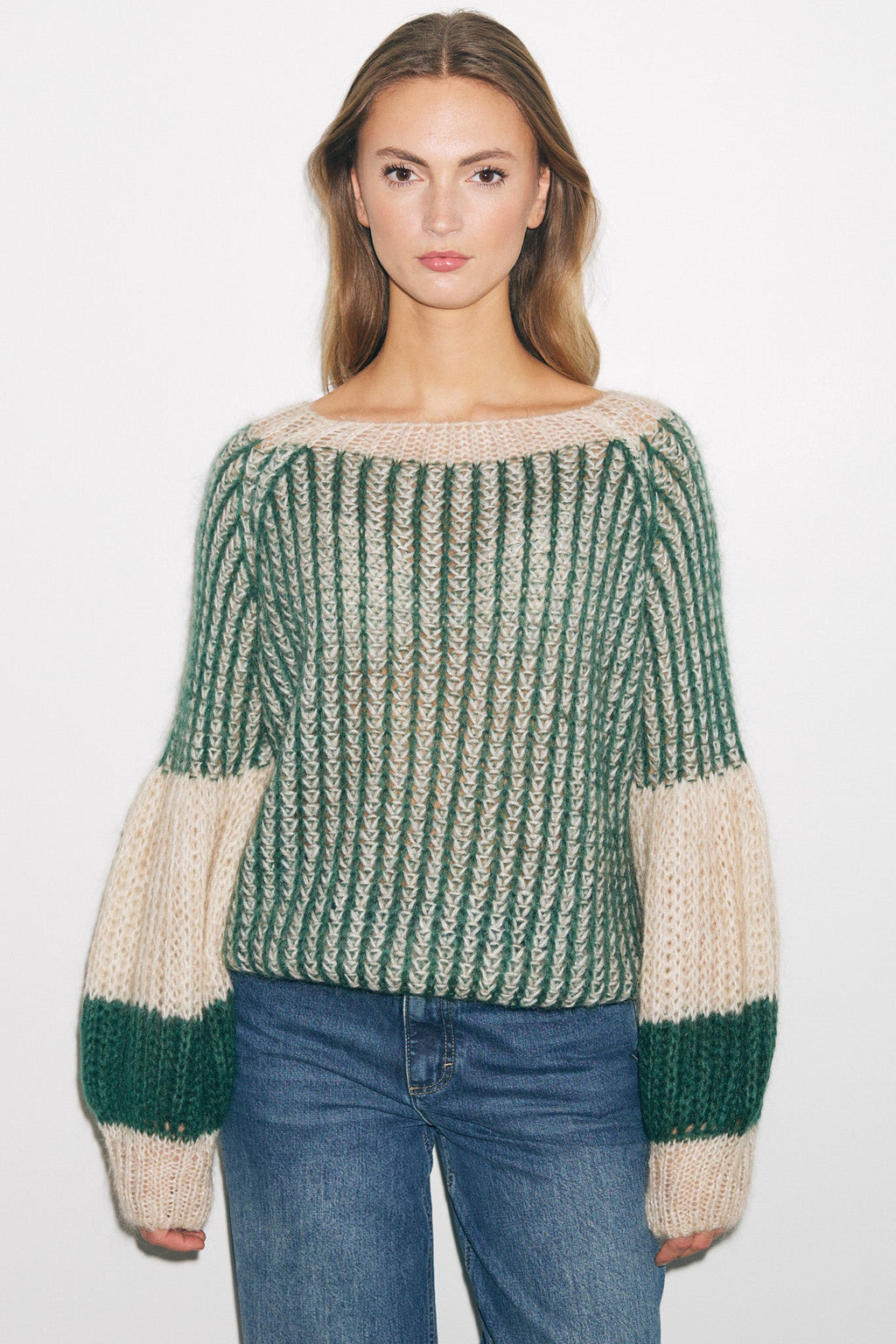 Liana Strickpullover Beige/Flaschengrün